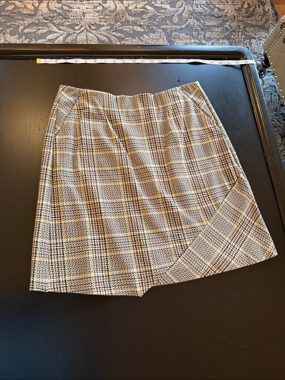CAbi Plaid Mini Skirt in Tan, Black and Cream
